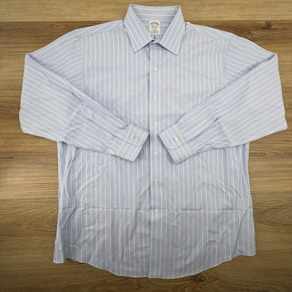 Brooks Brothers Shirt Mens 16.5 34 Stripe Blue White Regent Non Iron Cotton - Picture 2 of 7